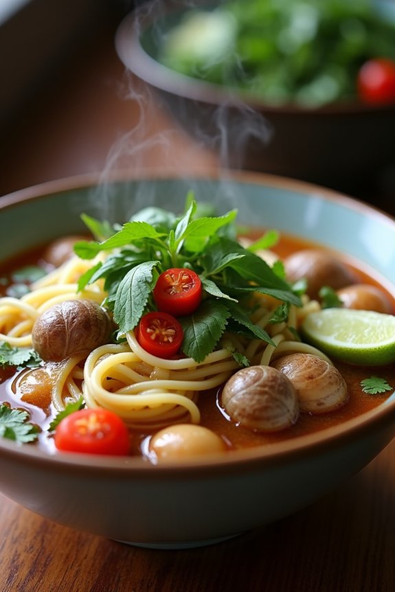 snail noodles with fresh herbs