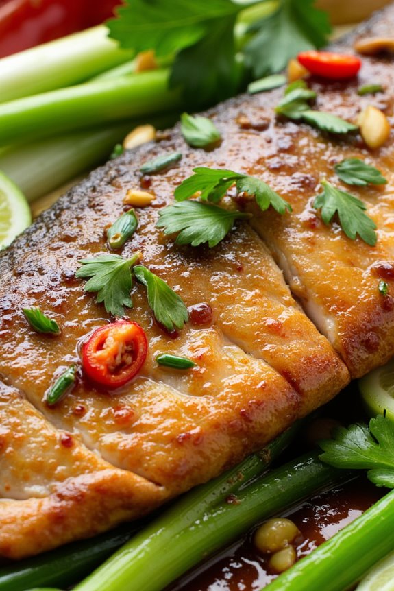 delicate fish savory scallions